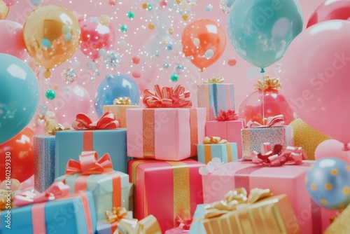 Colorful balloons and gifts create a festive atmosphere for a celebration or ...