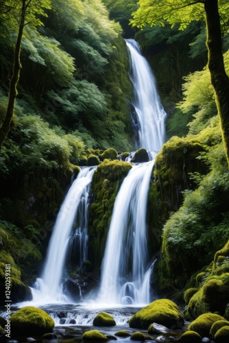 waterfall in the middle of a forest with mossy rocks and trees