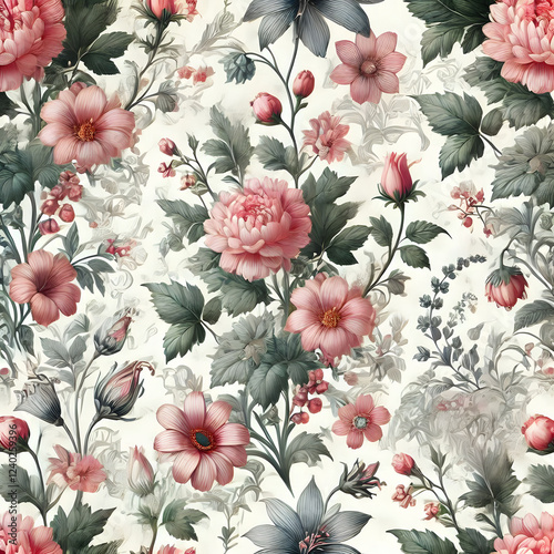 A romantic and vintage-inspired floral pattern, perfect for wallpaper, fabrics, and other design projects.