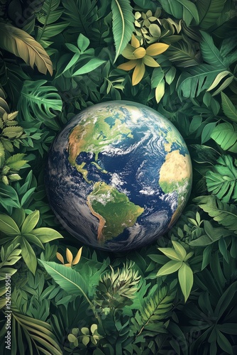 Vibrant Earth surrounded by lush green foliage in a tropical ecosystem