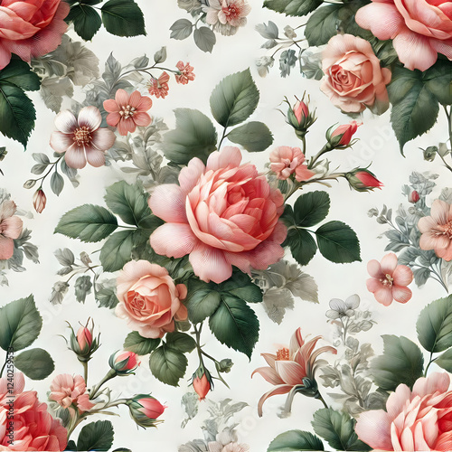A seamless watercolor pattern featuring a delicate arrangement of pink roses and various floral elements.