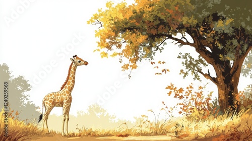 Giraffe gazes through green foliage in a vibrant wildlife setting during dayl...