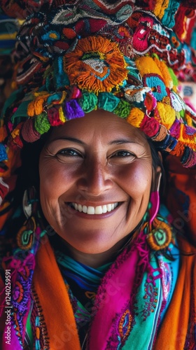 Colorful traditional attire and joyful expression captured in a vibrant cultu...