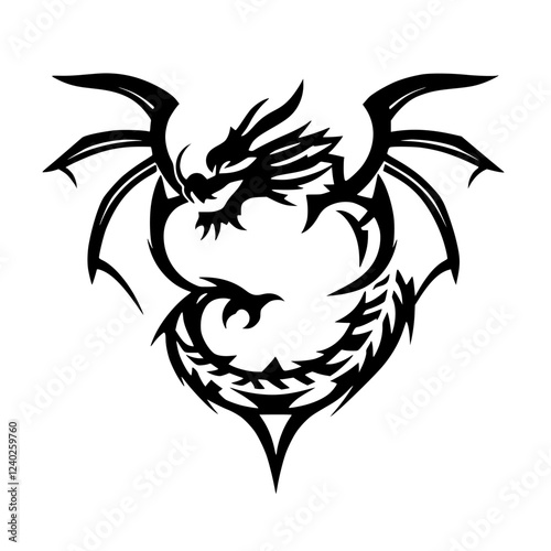 Tribal Dragon Tattoo Design: Mythical Creature with Wings, Black and White Ink Illustration