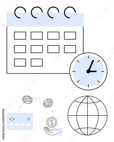 Calendar, clock, credit card with currency exchange, and globe. Ideal for time management, finance, global businesses, scheduling transaction tracking international trade and deadlines. Line
