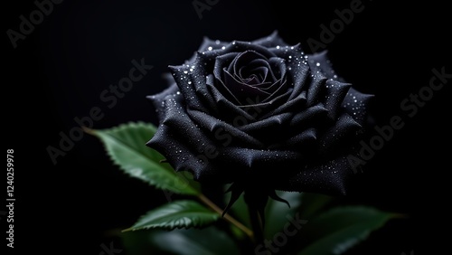 a single black rose with water droplets on its petals, set against a dark background. The rose's beauty and elegance are heightened by the contrast of light and dark. Generative AI