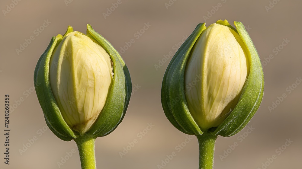 Closeup of Two Pale Yellow Flower Buds, Green Sepals Closeup of Two Pale Yellow Flower Buds, Green Sepals