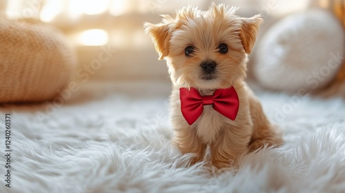 Cute small dog with red bow tie sitting on fluffy rug indoors in bright livin...