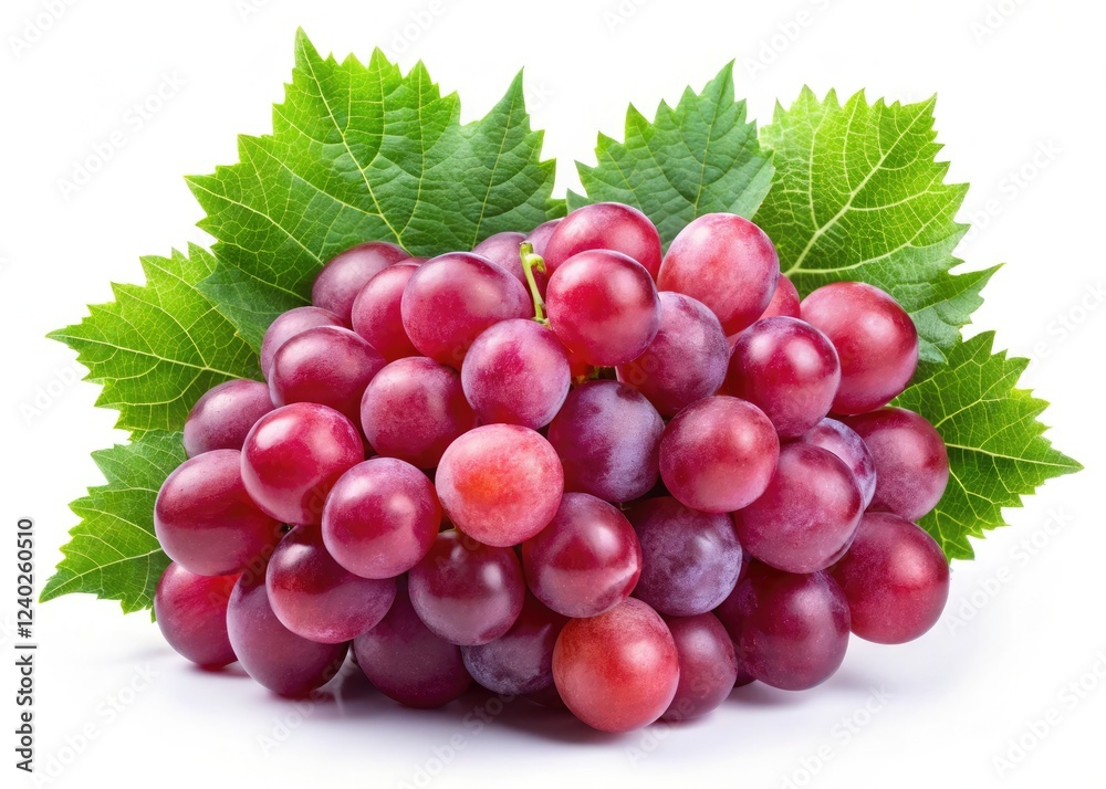 Fototapeta premium Luscious pink grape bunch, leaves intact, isolated on pure white; perfect stock photo.