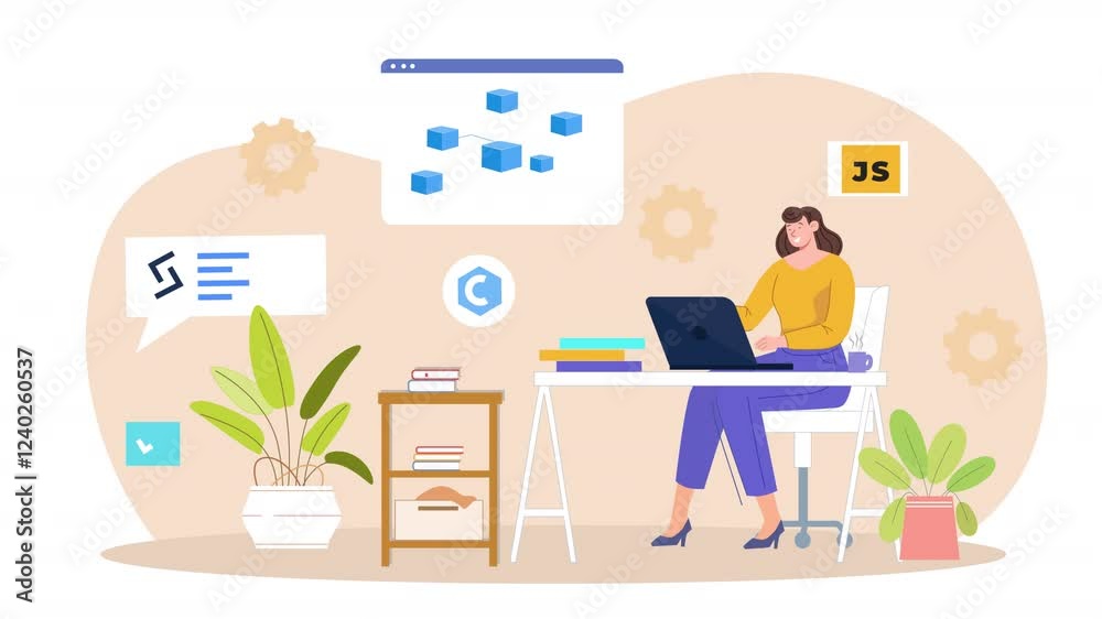 Vector scene animation explaining blockchain technology, with scenes illustrating transactions, decentralized networks, and secure digital ledgers.