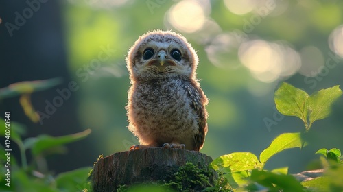 Cute baby owl perched on a tree stump in a sunlit forest setting during early...