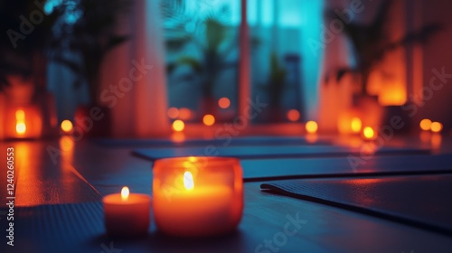 Serene yoga studio ambiance with glowing candles and peaceful atmosphere in t...