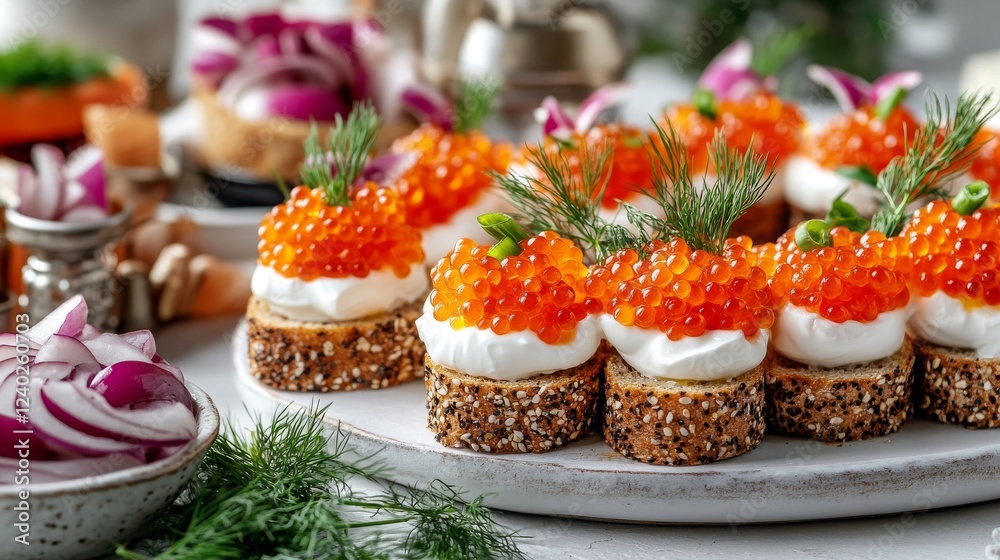 Gourmet homemade appetizers with red caviar and sour cream garnished with fresh dill Gourmet homemade appetizers with red caviar and sour cream garnished with fresh dill