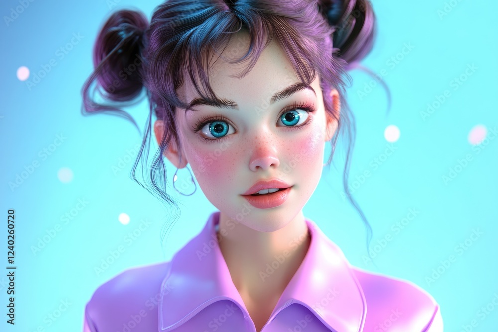 A cute, digitally rendered girl with blue eyes and space buns, wearing a lavender shirt against a light blue background. A cute, digitally rendered girl with blue eyes and space buns, wearing a lavender shirt against a light blue background.