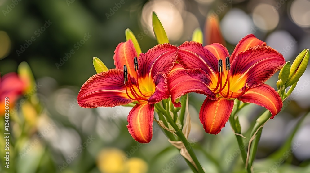 Fototapeta premium Stunning Red and Orange Daylily Flowers Close Up