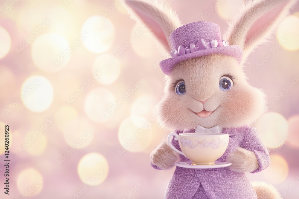 Fototapeta premium Adorable bunny in a lavender suit enjoys tea, bokeh background.