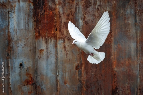 White dove soaring against a weathered blue metal backdrop in natural light