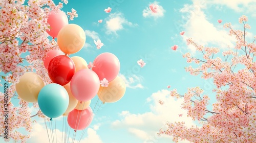 Colorful balloons floating among cherry blossom trees under a bright blue sky