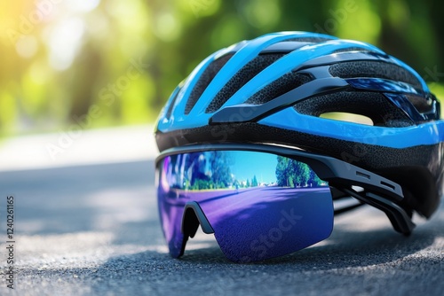 A vibrant blue cycling helmet and sunglasses resting on a tarmac surface, surrounded by greenery, symbolizing an active, outdoor lifestyle. photo