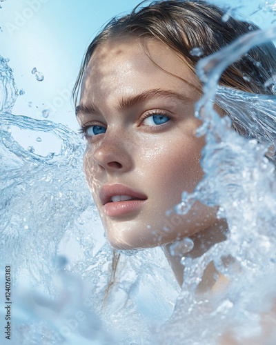 Beauty skincare portrait of stunning blue-eyed woman in crystal-clear water splashes, hydrating skin care moisturiser concept, flawless skin glistening with freshness, embodying purity and radiant