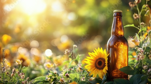 Sunflower bloom beside a beer bottle in a garden at sunset