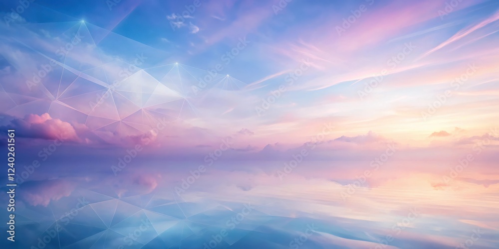 Serene Pastel Sky Reflected on Calm Waters, Adorned with Abstract Geometric Network Serene Pastel Sky Reflected on Calm Waters, Adorned with Abstract Geometric Network