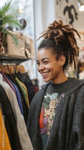 Smiling woman shopping for clothes in a trendy retail store during the day