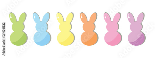 Vector colorful bunnies is sitting with his back at white background. Easter horizontal banner.