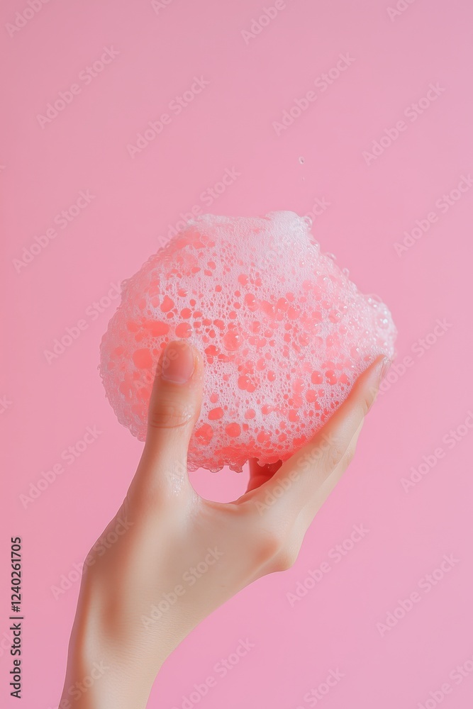 hand holding a loofah covered with foam on pink background hand holding a loofah covered with foam on pink background