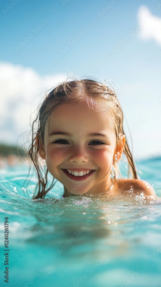 Joyful girl smiling while swimming in clear blue water on a sunny day Joyful girl smiling while swimming in clear blue water on a sunny day