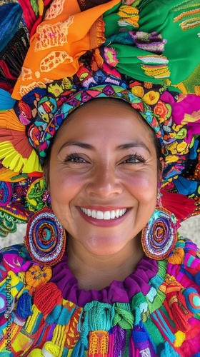 Colorful traditional attire and joyful expression captured in a vibrant cultu...