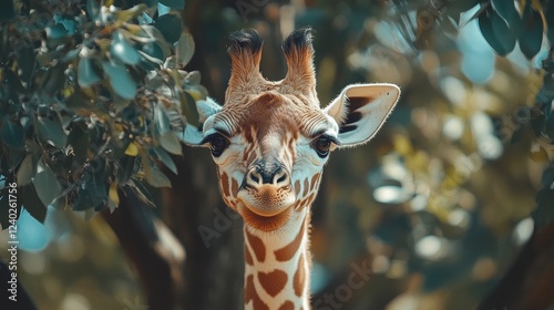 Giraffe gazes through green foliage in a vibrant wildlife setting during dayl...