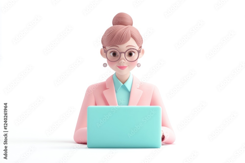 A cheerful 3D cartoon woman with glasses works on a teal laptop.