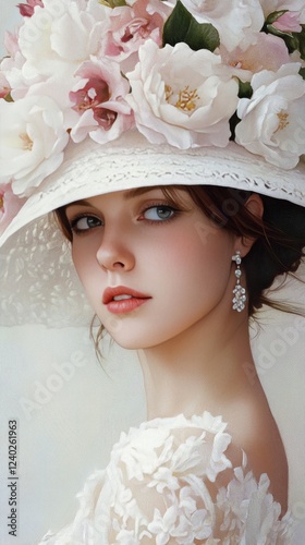 Elegant woman wearing a floral hat posing gracefully in a soft pastel setting