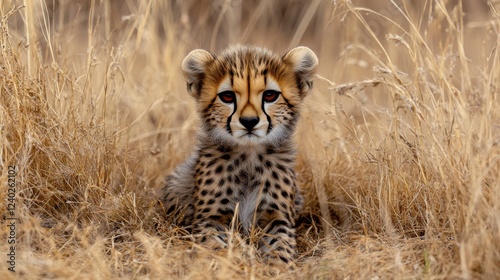 Cheetah cub resting in tall grass during golden hour in the savanna landscape
