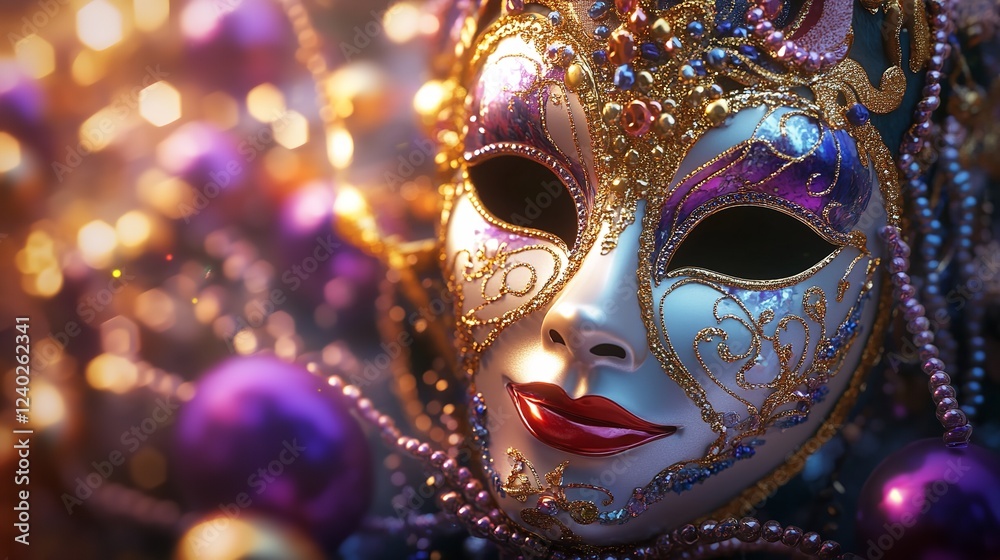 Venetian Carnival Mask, Intricate details, vibrant colors, and shimmering beads create a stunning Mardi Gras masterpiece. Perfect for Venetian Carnival Mask, Intricate details, vibrant colors, and shimmering beads create a stunning Mardi Gras masterpiece. Perfect for