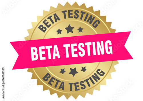 beta testing. beta testing round pink and gold label isolated on transparent background