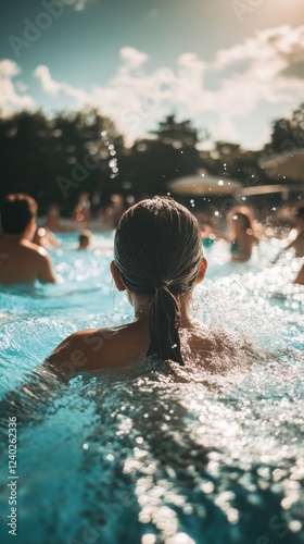 Joyful girl swimming in a clear pool during a sunny day with friends nearby