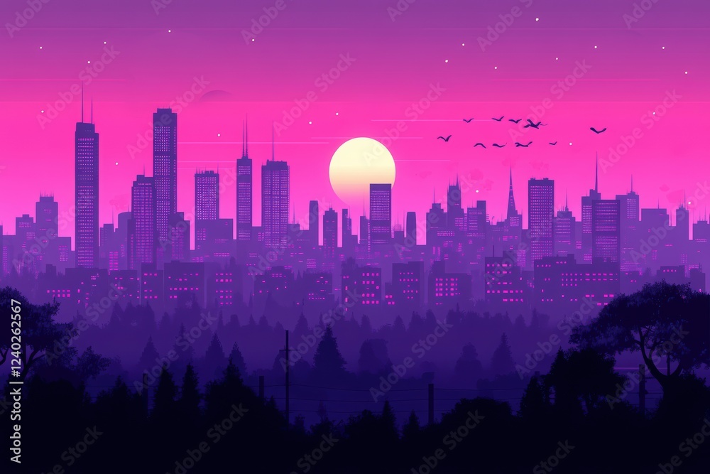 Fototapeta premium A vibrant, purple-hued city skyline at sunset, featuring silhouetted buildings and birds flying in a stunning twilight atmosphere.