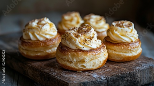 Cream-filled pastries arranged on a wooden board with soft lighting in a cozy...