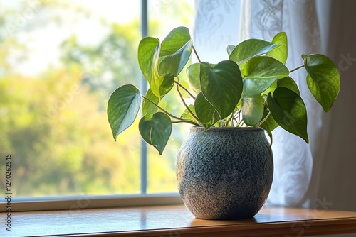 Fresh green leaves in a glass vase casting gentle shadows in soft light