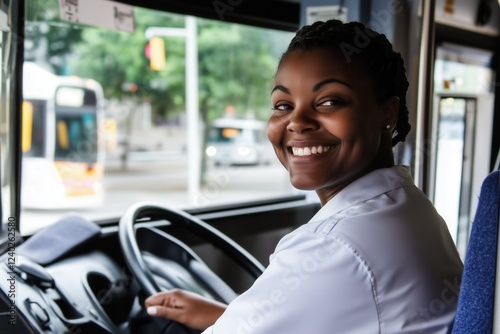 smiling female bus driver