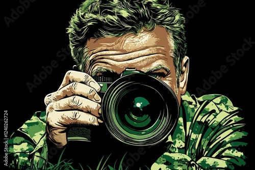 A soldier in camouflage captures a moment with a camera, blending photography and military themes in a striking, artistic style.