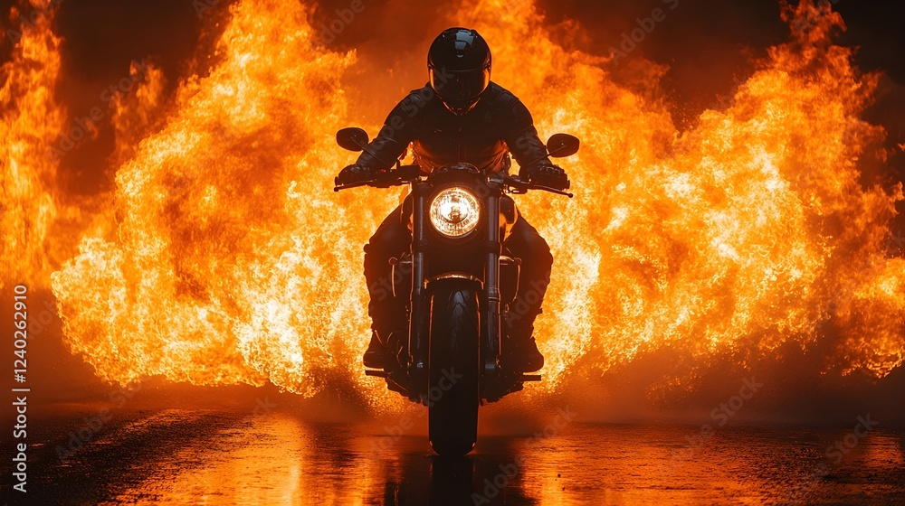 Fototapeta premium photo of a motorcyclist with flames in the background