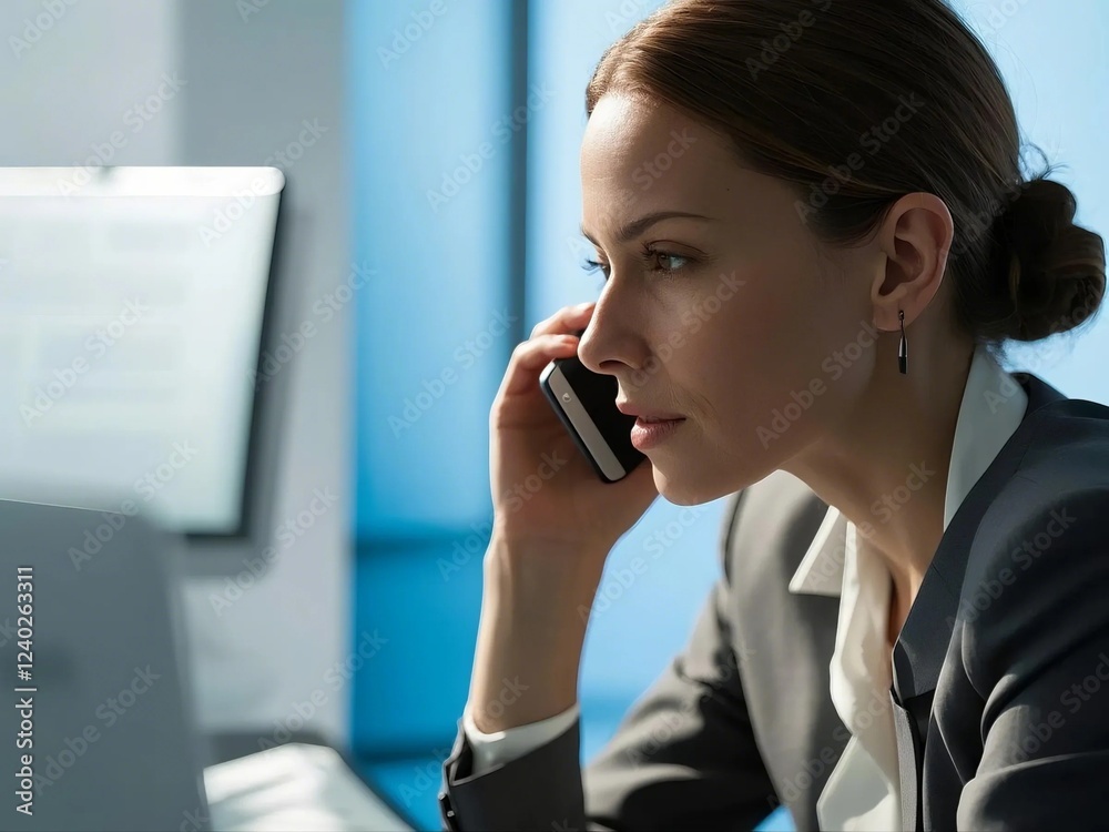 business woman using mobile phone working in office. serious businesswoman executive holding cell at desk business woman using mobile phone working in office. serious businesswoman executive holding cell at desk