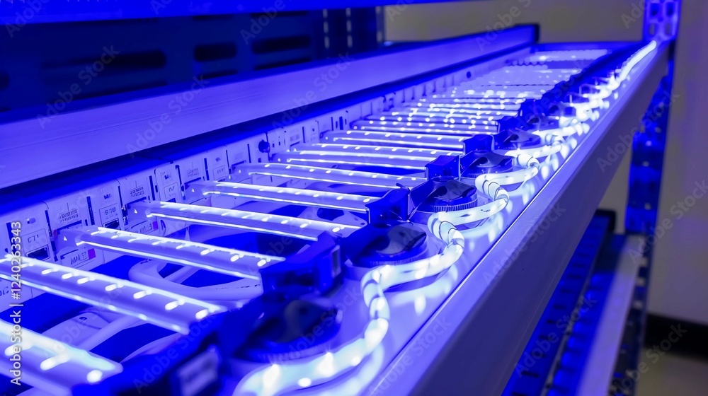Fototapeta premium Close-up of a secure telecom server room with glowing blue lights, showcasing advanced cybersecurity technology and data protection infrastructure.