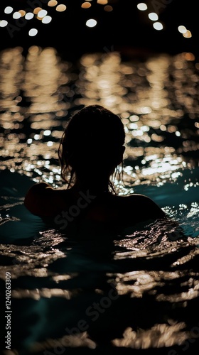Silhouetted figure enjoying a tranquil evening swim in illuminated water