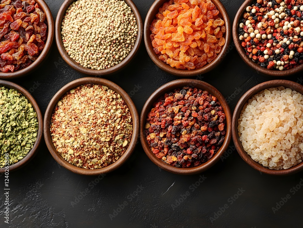 Overhead Shot of Various Spices and Grains in Bowls Overhead Shot of Various Spices and Grains in Bowls