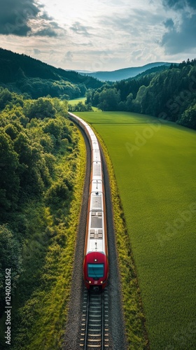 Scenic train journey through lush green valleys and hills in the countryside