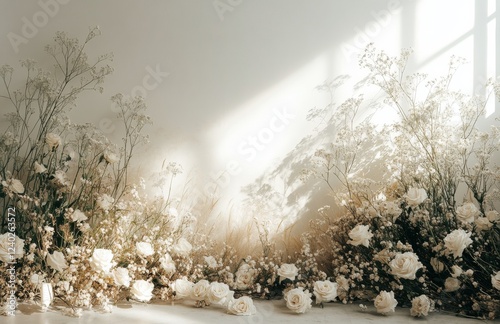 Beautiful arrangement of white flowers casting soft shadows on a wall in brig...